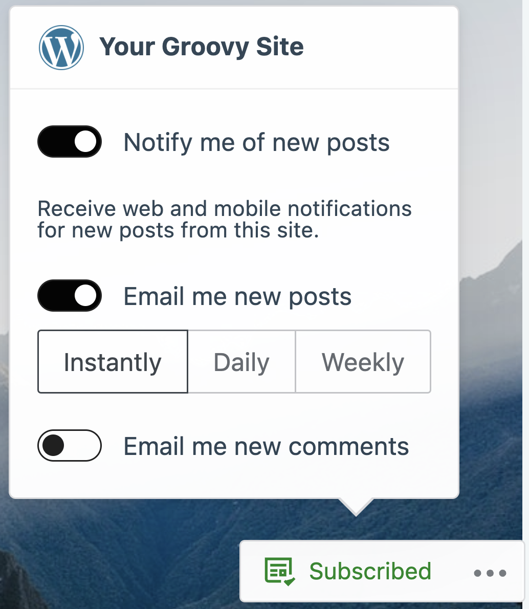 Options are toggled on to notify me of new posts and email me new posts instantly.