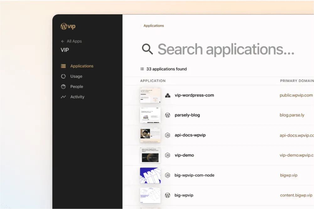 Digital solution dashboard showing applications list with search bar and navigation menu for content management.