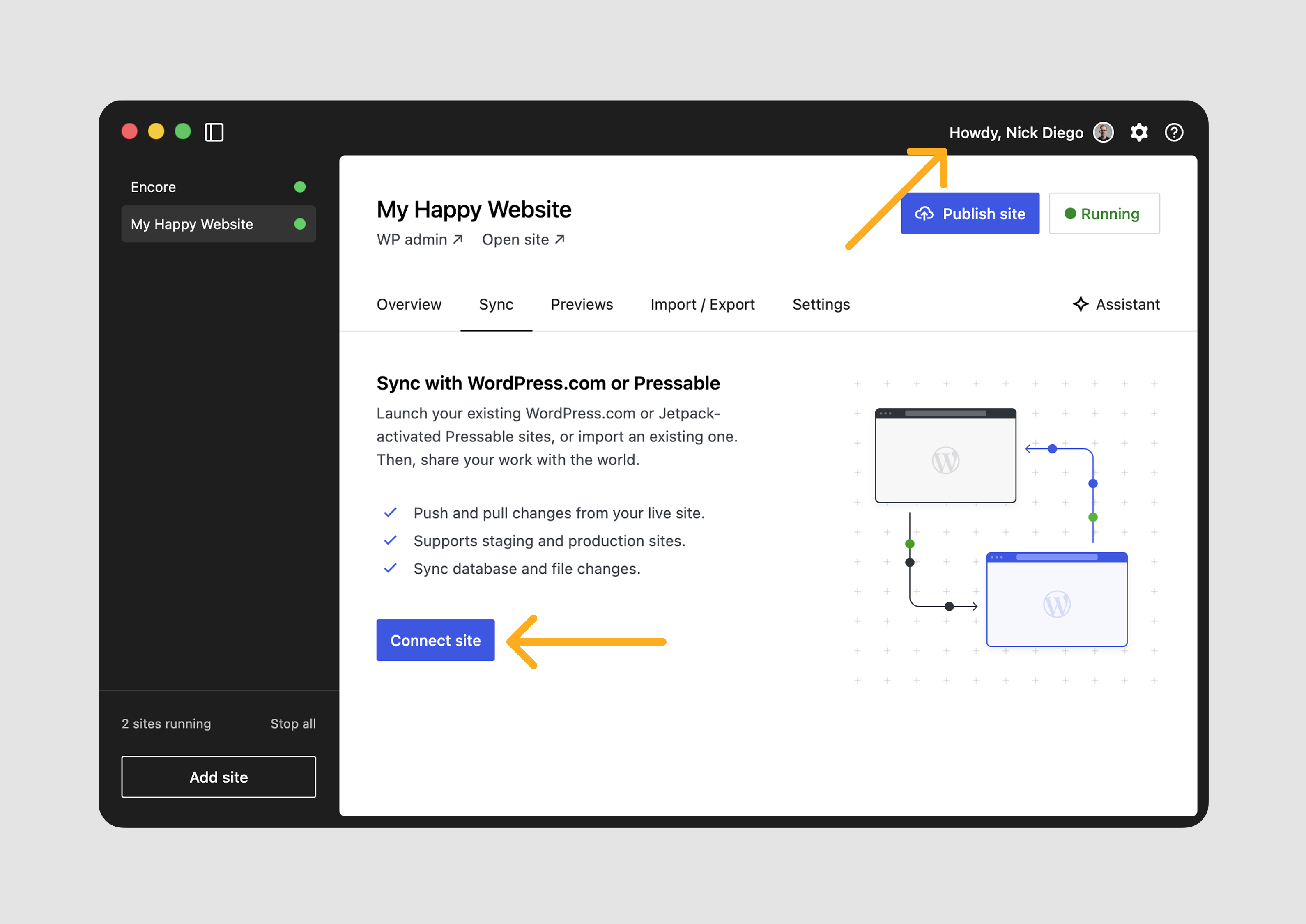 A screenshot depicting the Studio app and how to connect a site from WordPress.com.