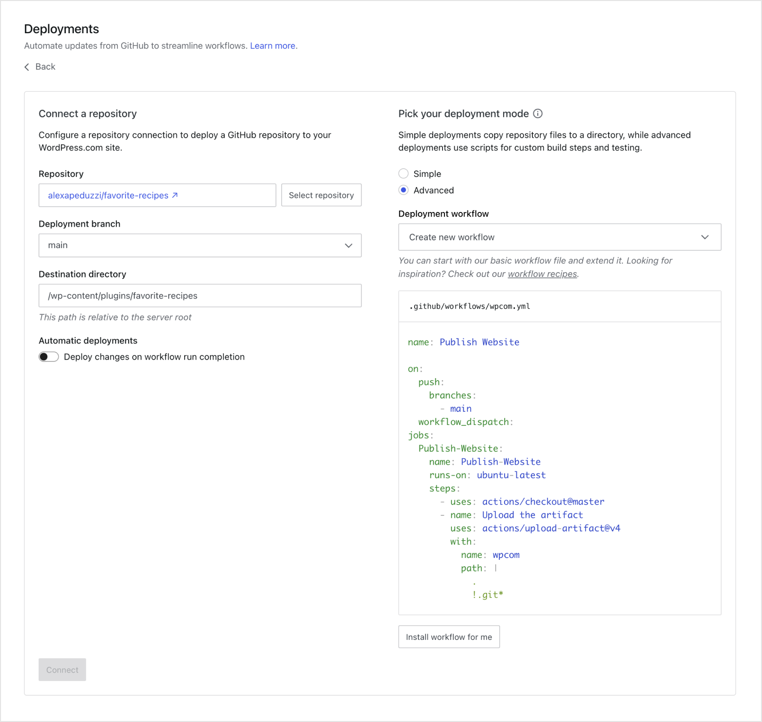 A screenshot showing how to connect a repository and the many options that are available.