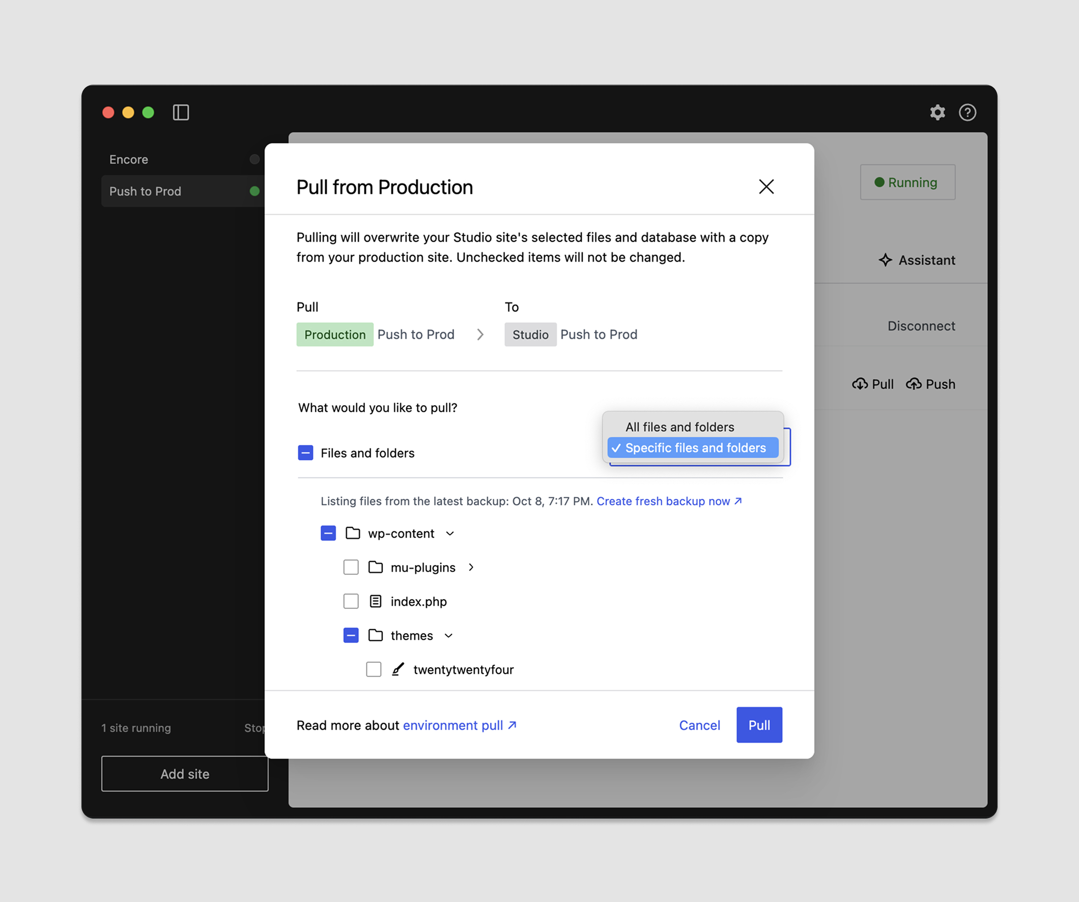 A screenshot depicting the Pull process in Studio Sync.