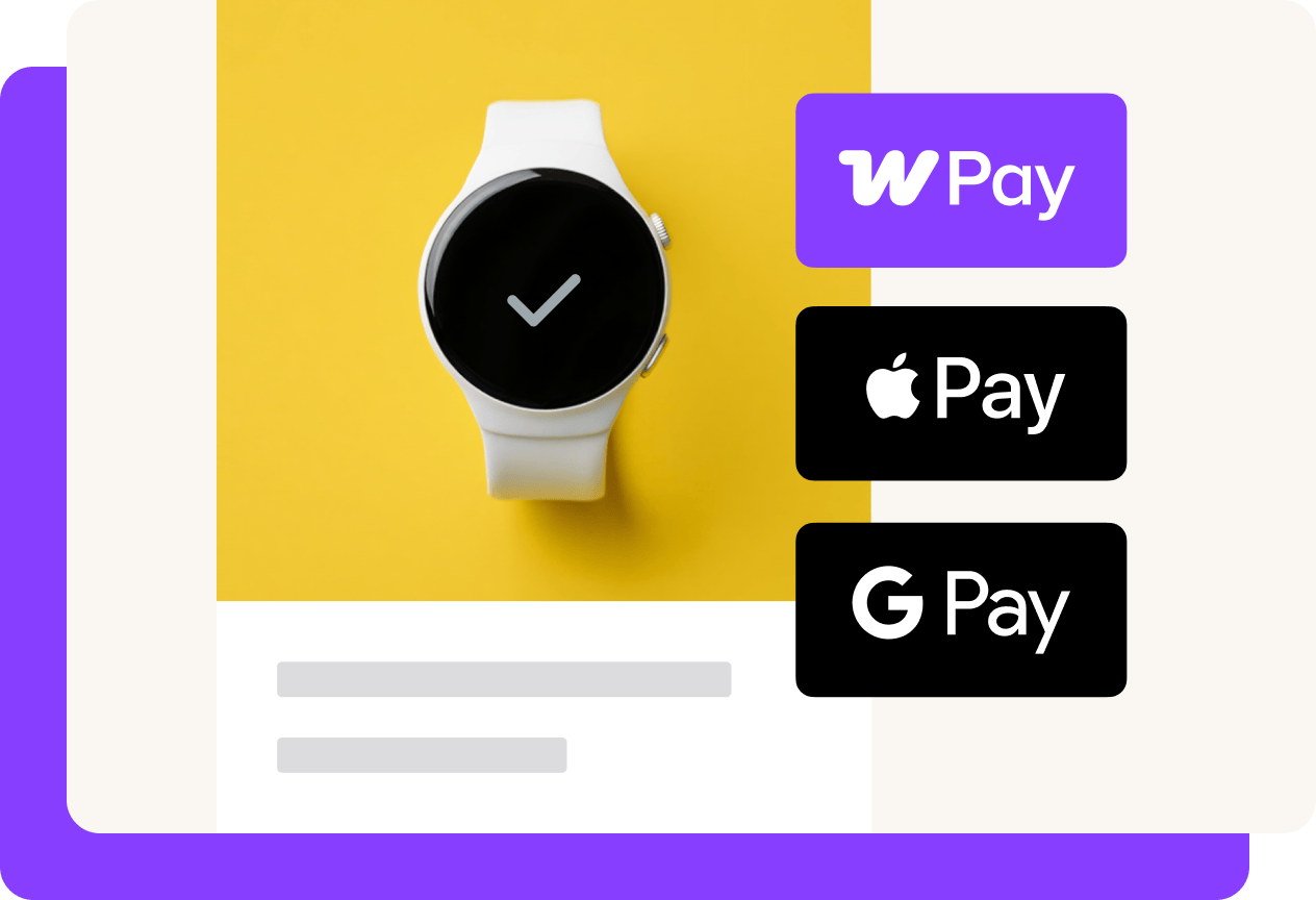 A white smartwatch with a checkmark on its screen sits on a yellow background, alongside payment option buttons for WooPay, Apple Pay, and Google Pay displayed on a product page layout.