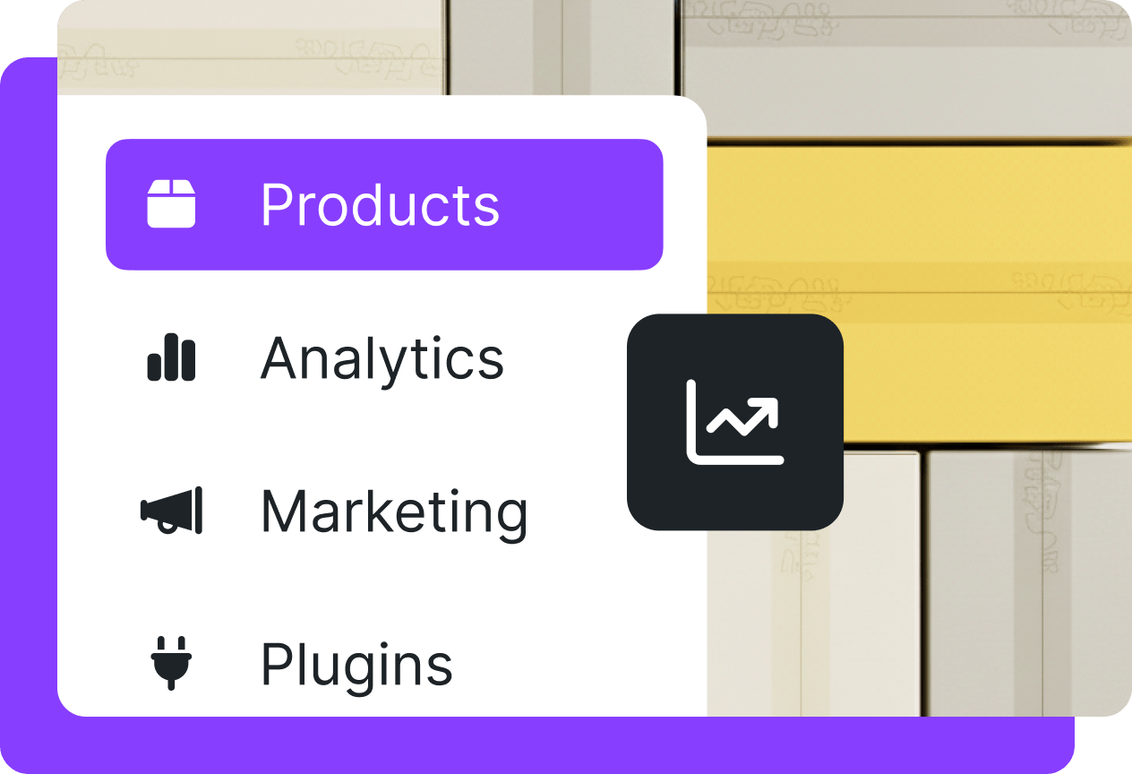 A navigation menu highlights the “Products” tab in purple, with additional options for Analytics, Marketing, and Plugins, overlaid on a background of stacked packaged boxes.