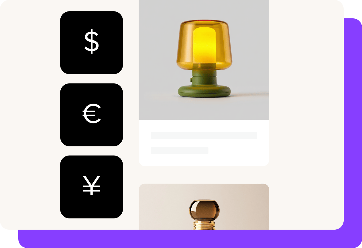 A product page displaying a small amber and green lamp, with a vertical set of currency icons:dollar, euro, and yen; shown on the left side of the layout.