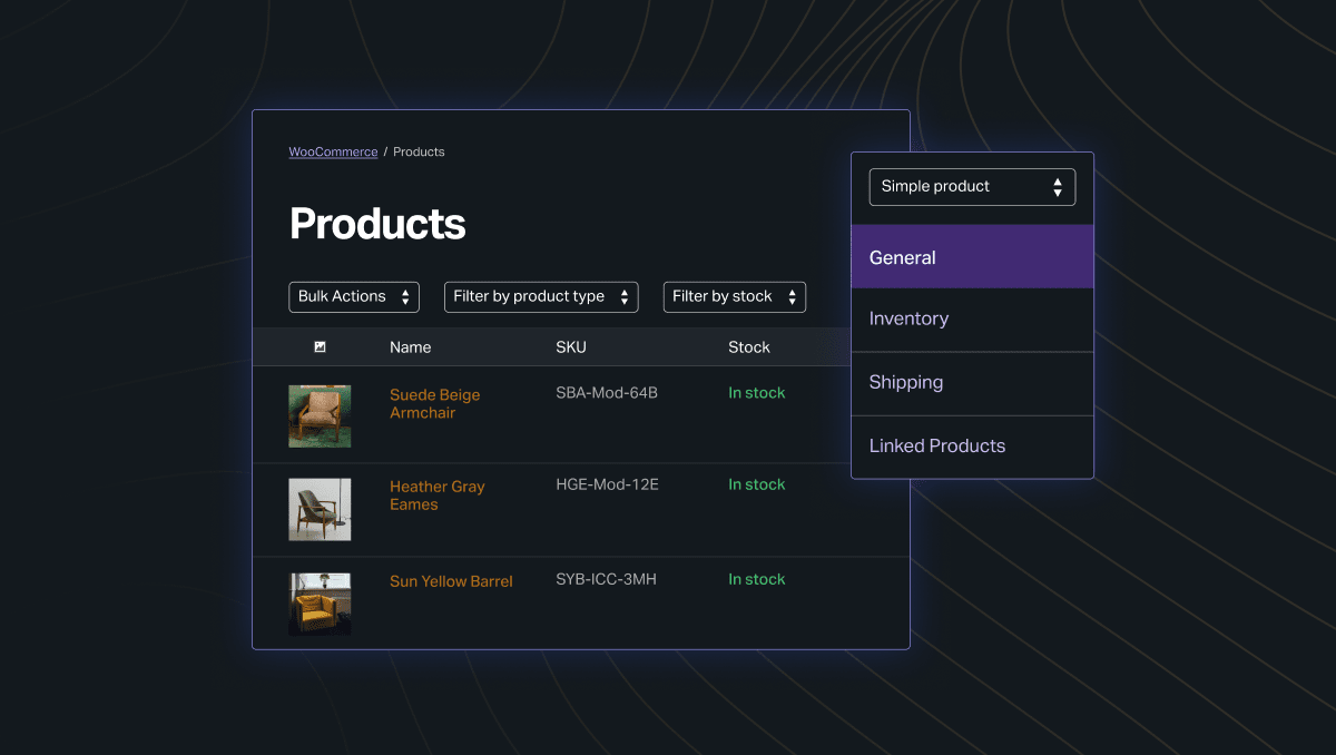 Digital solution dashboard showing WooCommerce product list with filter and product type dropdown options.