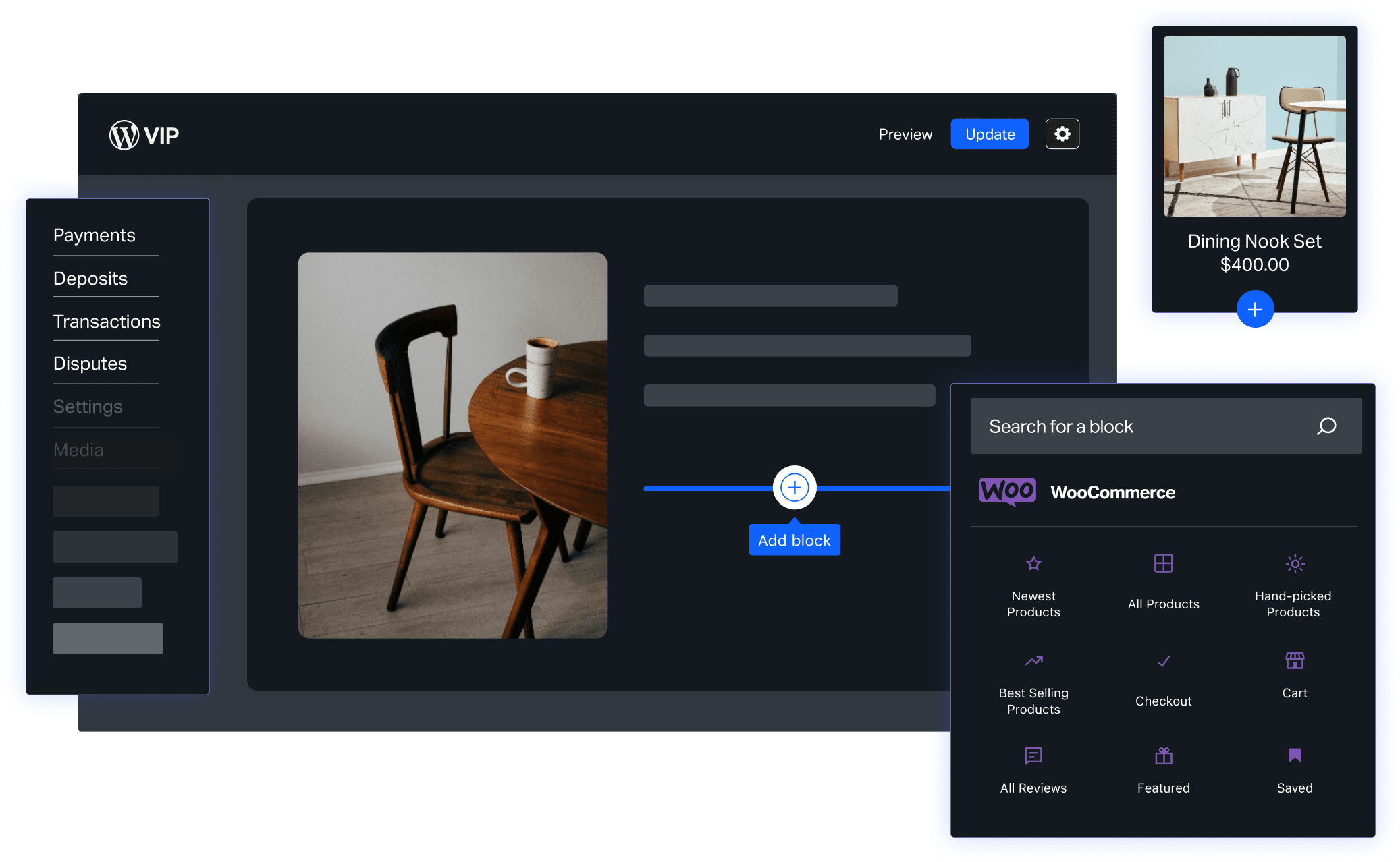 Digital solution website editor displaying WooCommerce integration and product content blocks for publishing.