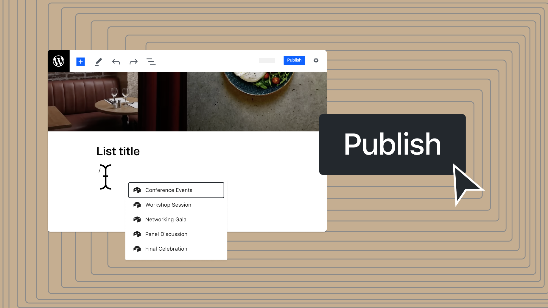 Cursor selects Publish in a digital solution content dashboard listing event titles and status icons.