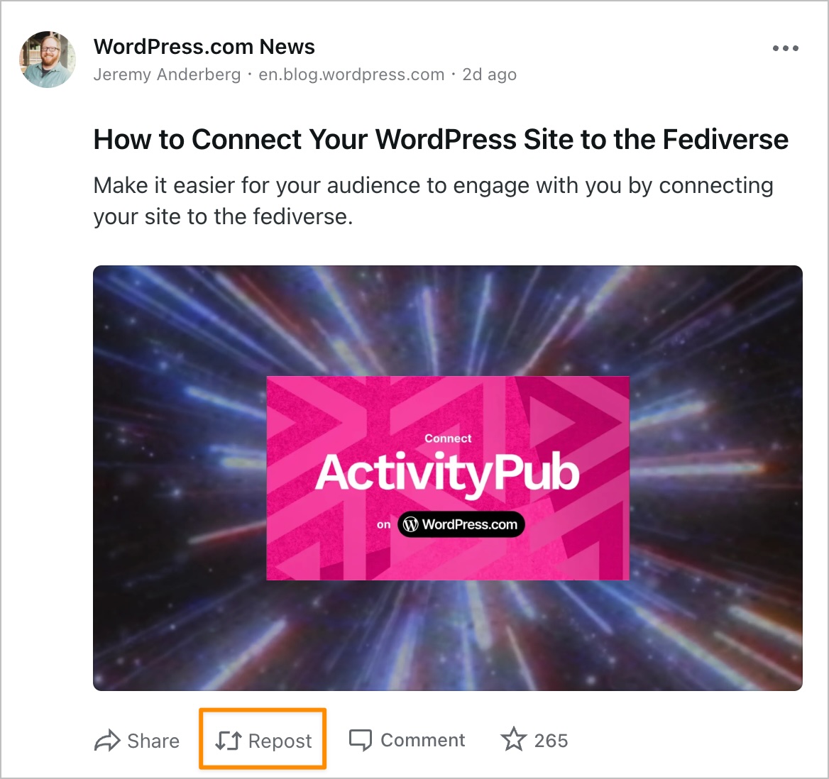 The Repost button is highlighted in orange.