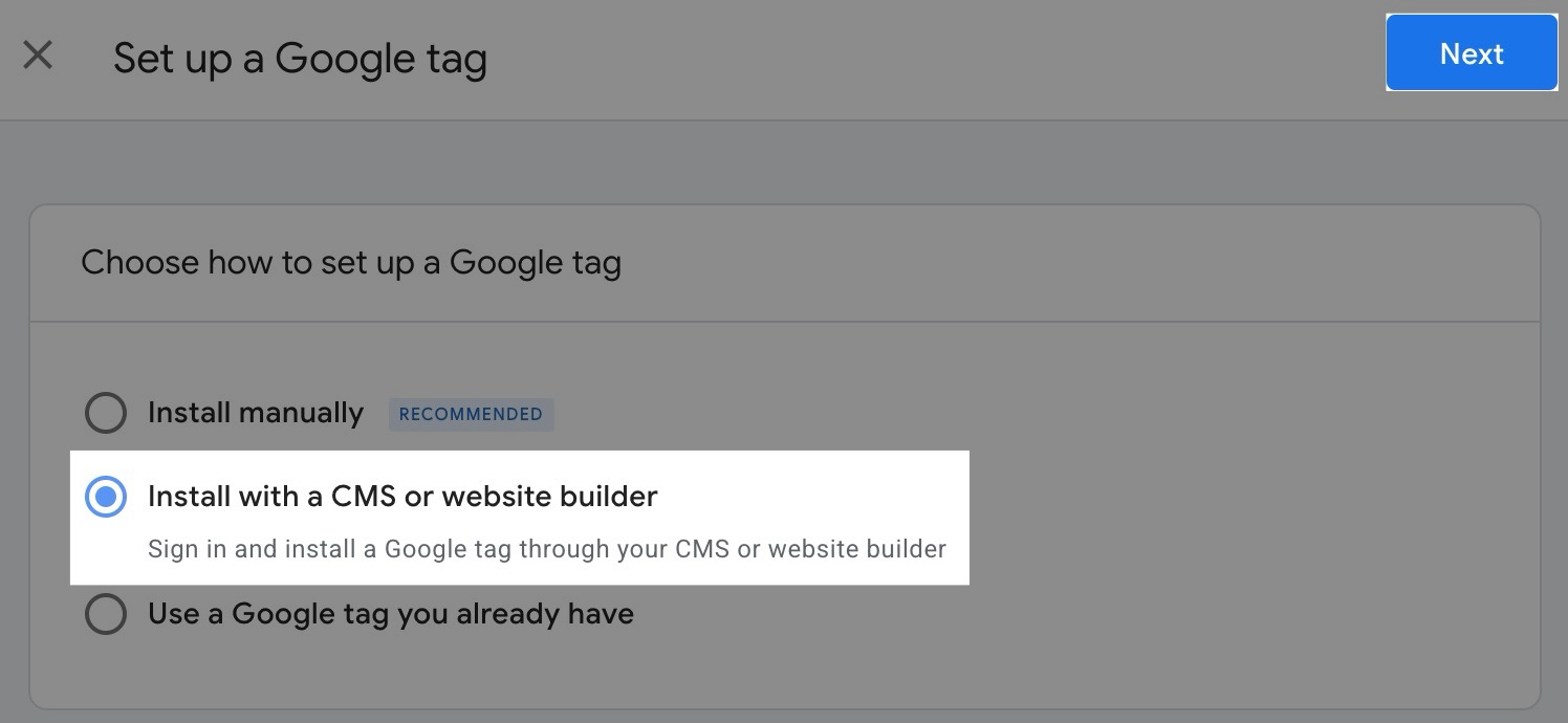 The "Set up a Google tag" screen on Google Analytics, with the "Install with a CMS or website builder" option selected.