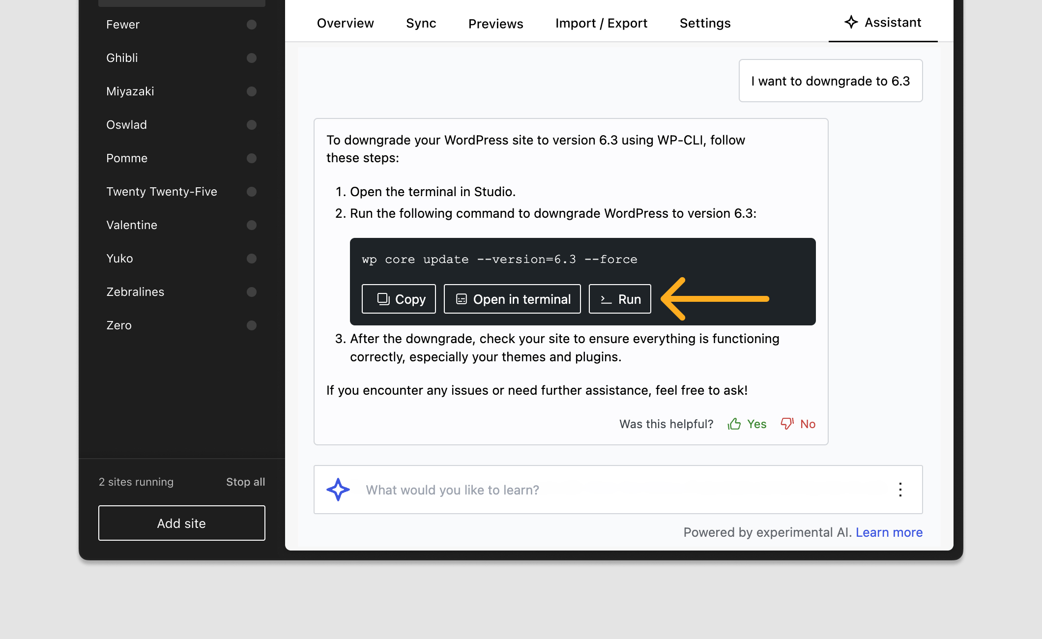 A screenshot of the Studio Assistant with an orange arrows pointing to the Run button.