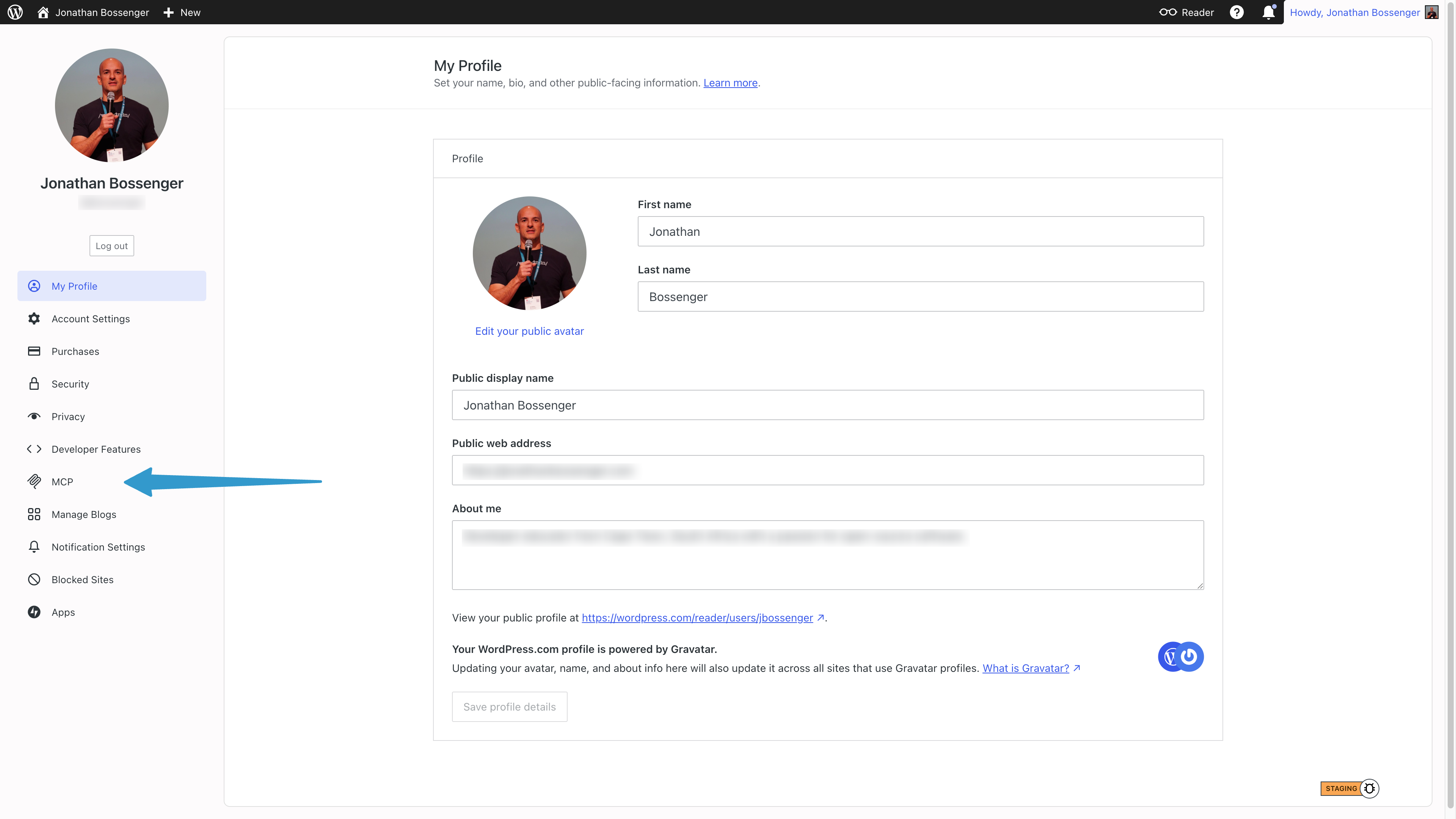 Screenshot of a user profile page on WordPress.com, displaying profile details such as name, public display name, web address, and an 'About me' section. Features an option to edit the public avatar and a side menu with navigation links.
