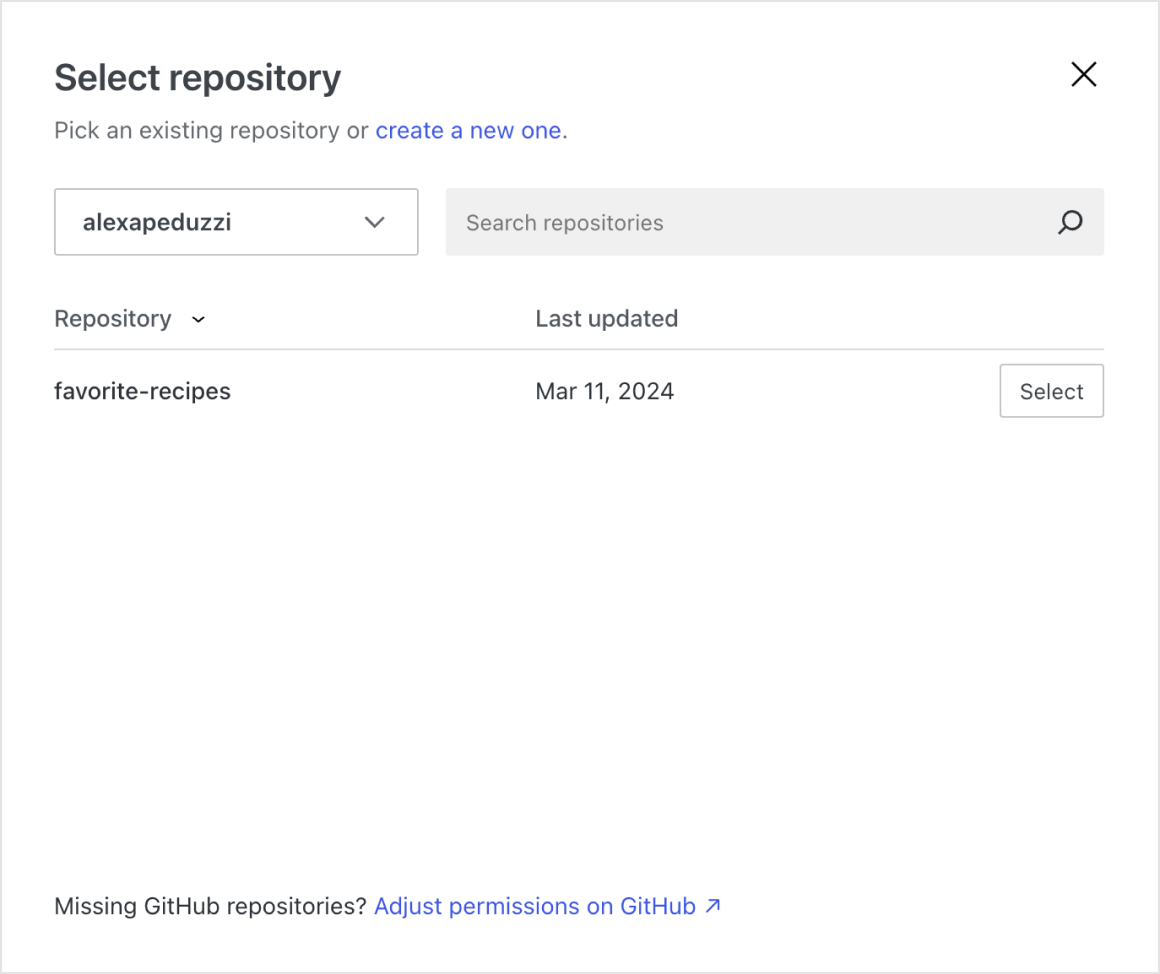 The screen where you select the repository you want to deploy.