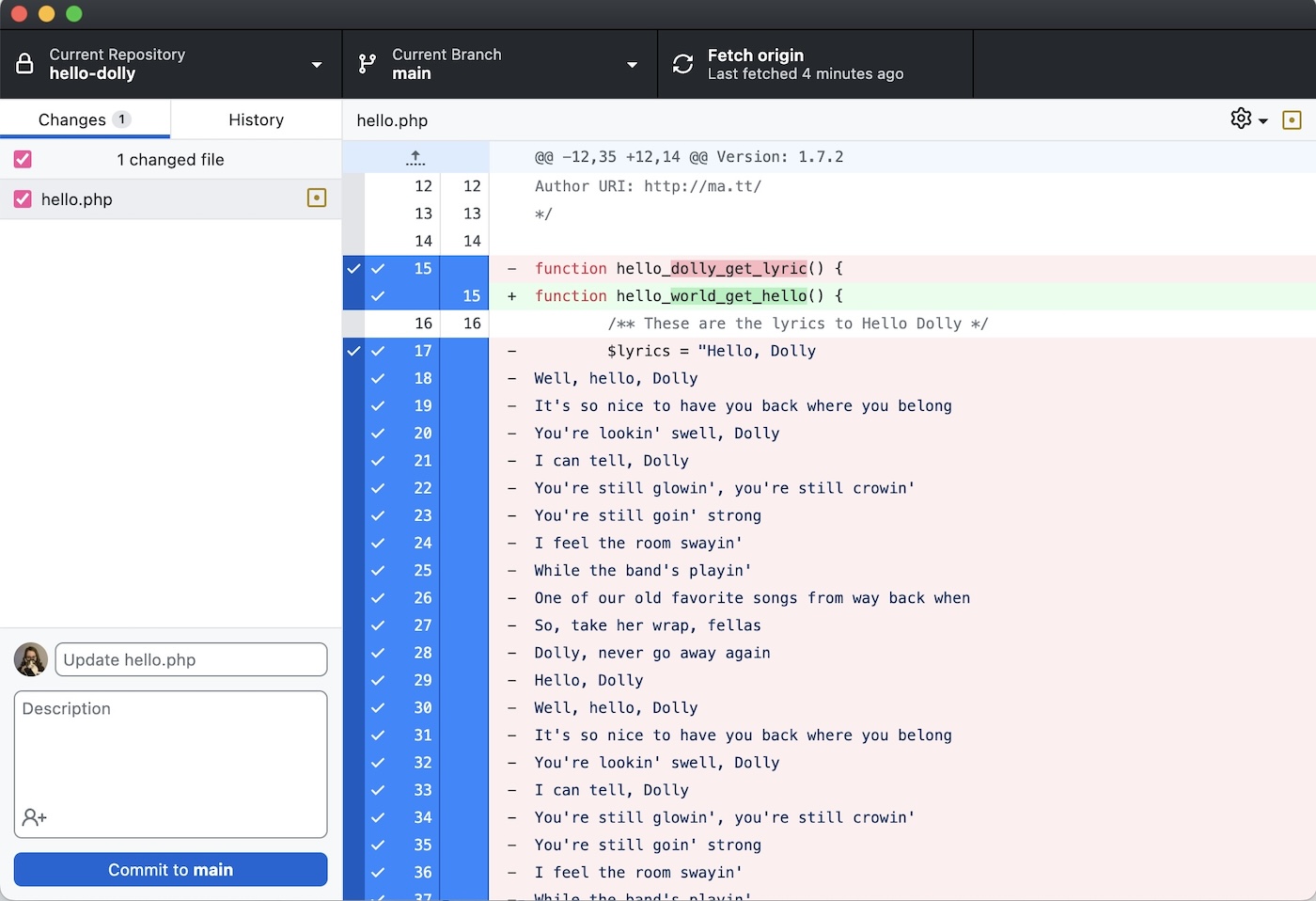 A screenshot depicting changes in the GitHub Desktop app.