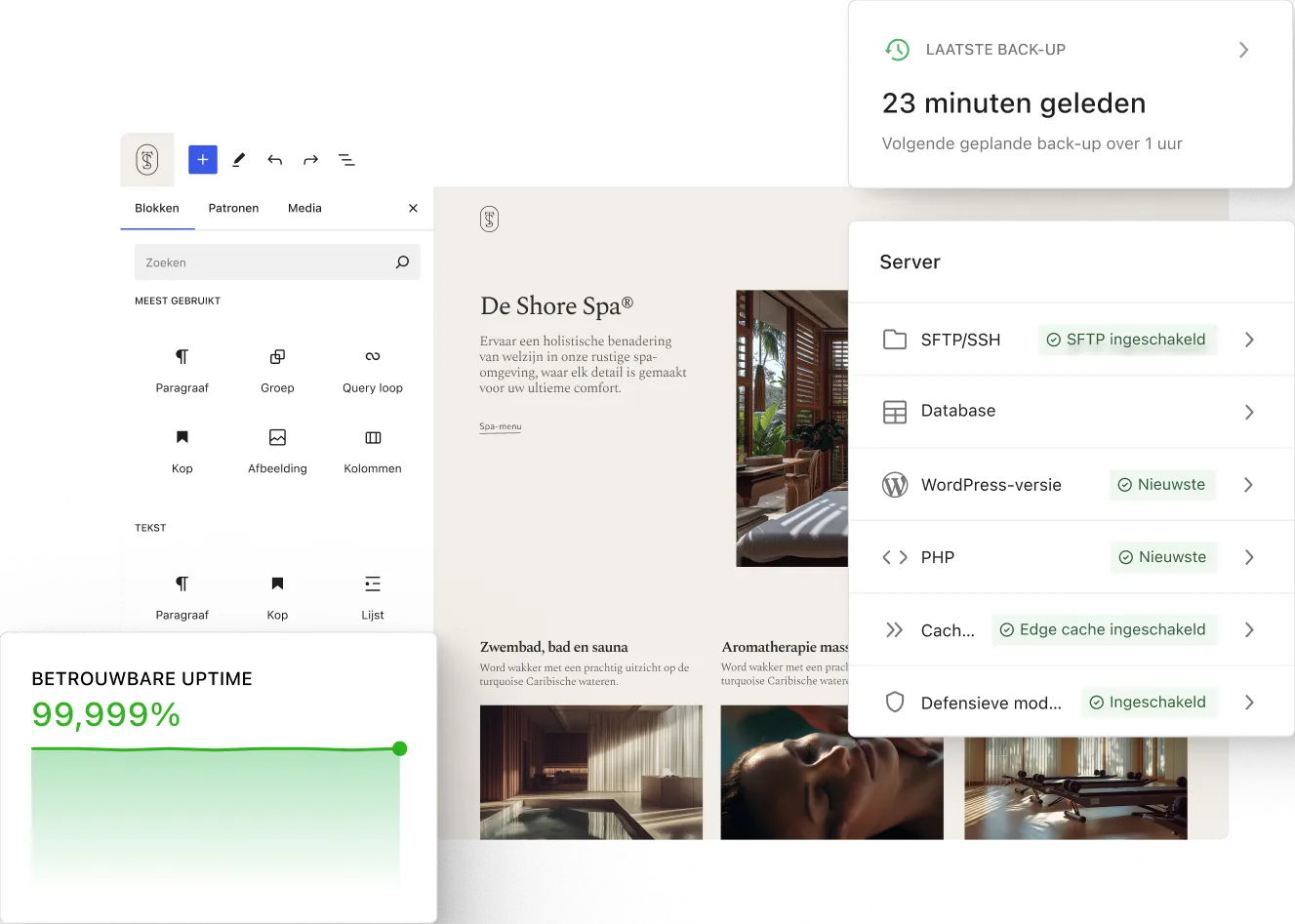 De WordPress-editor toont een spa-landingspagina, terwijl overlappende statuskaarten back-uptijd, serverinstellingen en een betrouwbare uptime-statistiek weergeven in een overzichtelijke, minimale dashboard-werkruimte.