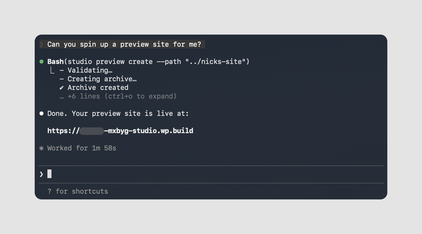A terminal window displaying a Bash command execution showing the creation of a preview site, including validation and archive creation messages, along with a link to the live site and total time taken.