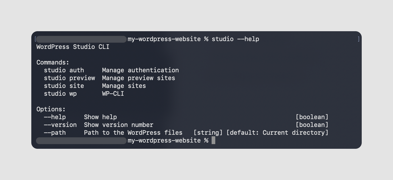 Screenshot of a command line interface displaying the WordPress Studio CLI help menu with various commands and options.