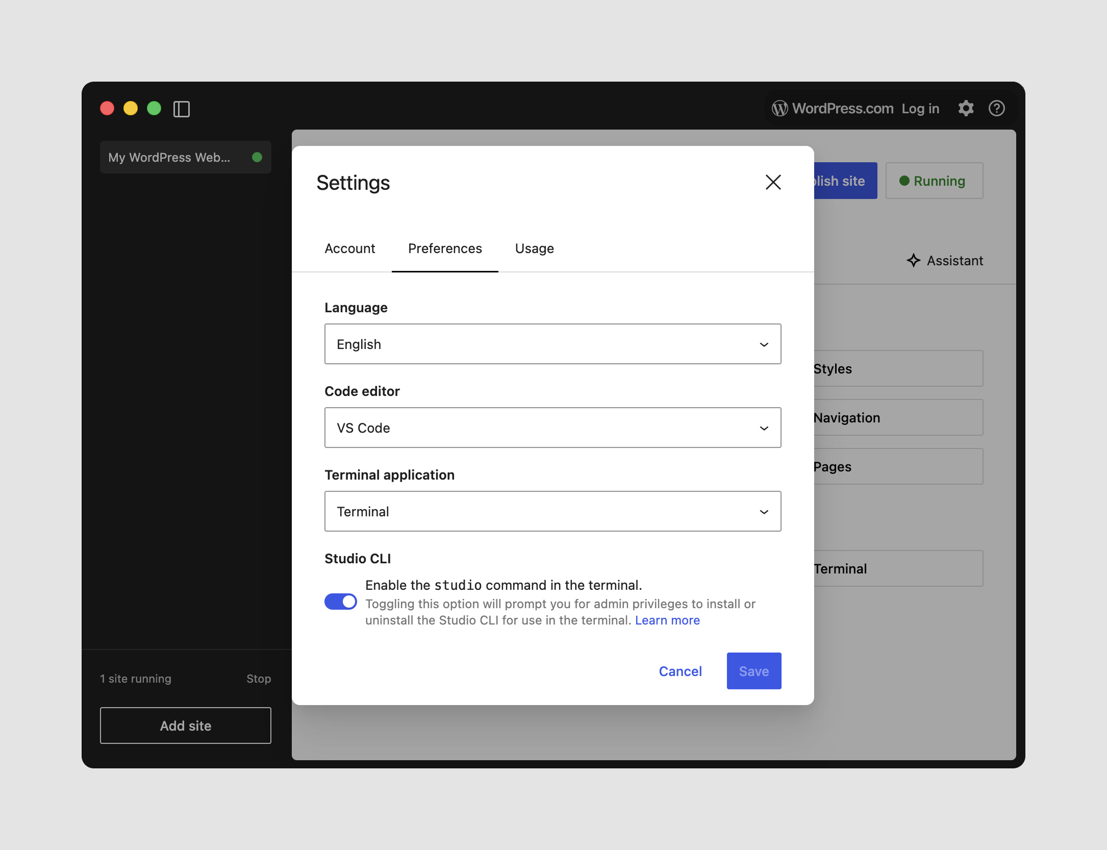 Screenshot of WordPress Studio settings menu showing options for language, code editor, terminal application, and Studio CLI.