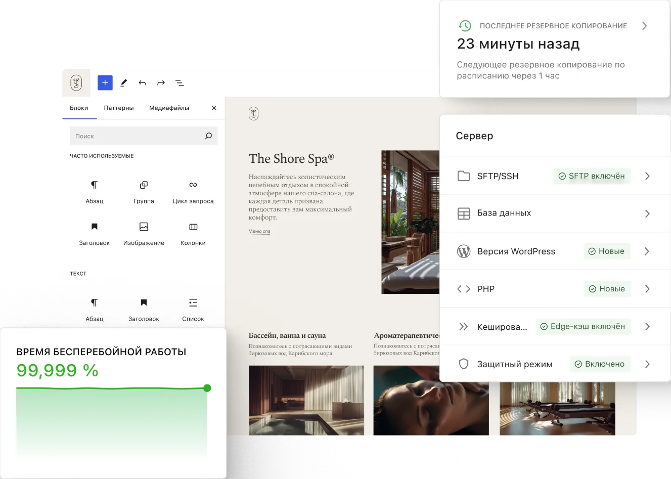 Редактор WordPress отображает целевую страницу спа-салона, а перекрывающиеся карточки состояния показывают время резервного копирования, настройки сервера и надёжную метрику времени безотказной работы в чистом минималистичном рабочем пространстве панели управления.